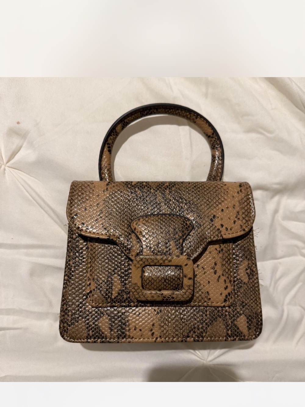 Brown Faux Mini Snake-Print Top Handle Bag
